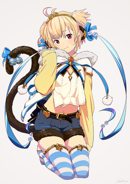 Anime picture 636x900 with granblue fantasy andira (granblue fantasy) sohin single tall image fringe short hair simple background blonde hair smile red eyes sitting twintails signed animal ears looking away full body ahoge tail long sleeves
