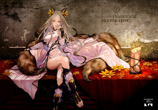 Anime picture 1980x1379 with original redjuice single looking at viewer highres sitting animal ears tail very long hair nail polish traditional clothes animal tail barefoot light smile grey hair inscription fox ears crossed legs adjusting hair fox tail