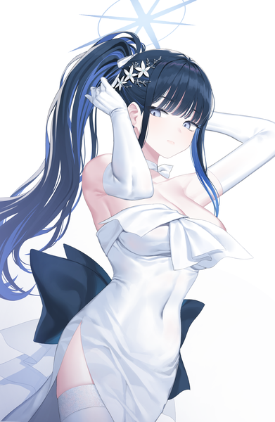 Anime picture 2302x3535 with blue archive saori (blue archive) saori (dress) (blue archive) kam-ja single long hair tall image looking at viewer fringe highres breasts blue eyes light erotic black hair simple background large breasts standing white background bare shoulders payot