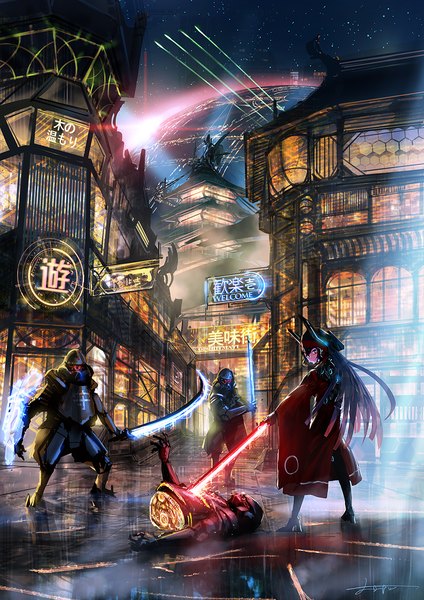 Anime picture 990x1400 with original you shimizu long hair tall image looking at viewer standing purple eyes sky purple hair bent knee (knees) outdoors head tilt sunlight night outstretched arm rain sunbeam fighting stance glowing weapon samurai