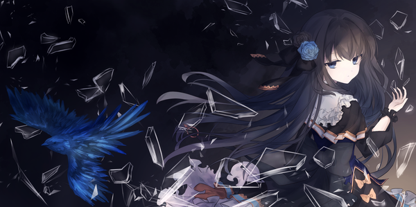 Anime picture 4391x2195 with arcaea tairitsu (arcaea) lesyef103 single long hair looking at viewer fringe highres blue eyes black hair hair between eyes wide image standing payot absurdres looking back arm up hair flower wind frilled dress