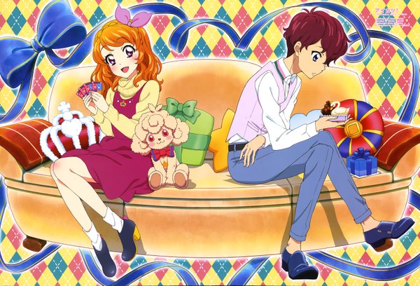 Anime picture 6012x4098 with aikatsu! oozora akari sena tsubasa sakai kasumi looking at viewer blush highres short hair open mouth blue eyes red eyes sitting absurdres purple hair orange hair official art rhombus girl dress boy