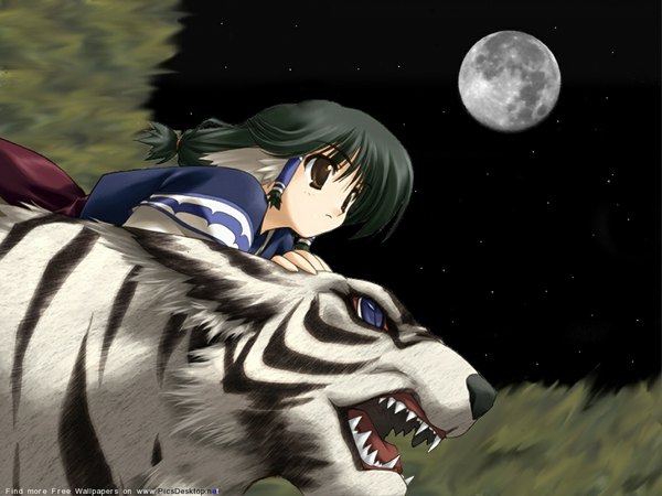 Anime picture 1152x864 with utawareru mono aruruu mukkuru blue eyes black hair brown eyes animal ears night teeth fang (fangs) riding girl moon star (stars)