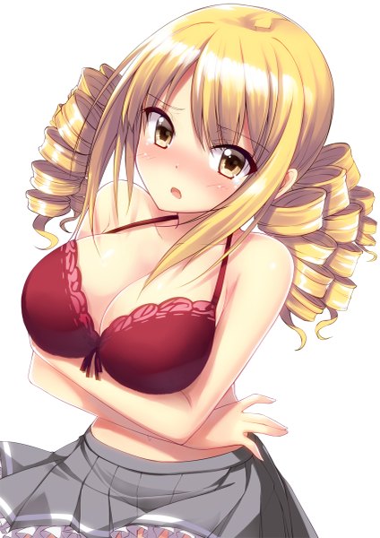 Anime picture 849x1200 with noucome reikadou ayame aixioo single long hair tall image looking at viewer blush breasts open mouth light erotic simple background blonde hair large breasts white background yellow eyes drill hair girl lingerie bra