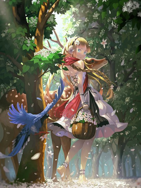 Anime picture 1200x1600 with original vofan single long hair tall image looking at viewer fringe open mouth blue eyes blonde hair holding full body outdoors braid (braids) looking back barefoot hair flower wind sunlight walking