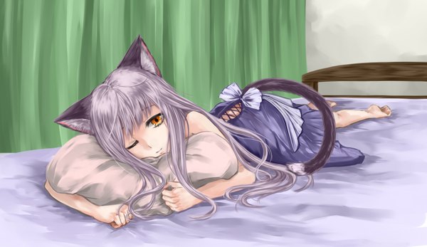 Anime picture 1734x1005 with original rei (neko no ho) long hair looking at viewer highres wide image bare shoulders animal ears silver hair lying one eye closed barefoot wink cat ears cat girl cat tail orange eyes girl dress pillow