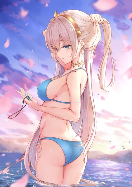 Anime picture 1518x2150 with fate (series) fate/grand order anastasia (fate) kyaroru single long hair tall image blush fringe breasts blue eyes light erotic blonde hair hair between eyes bare shoulders holding sky cloud (clouds) outdoors ass