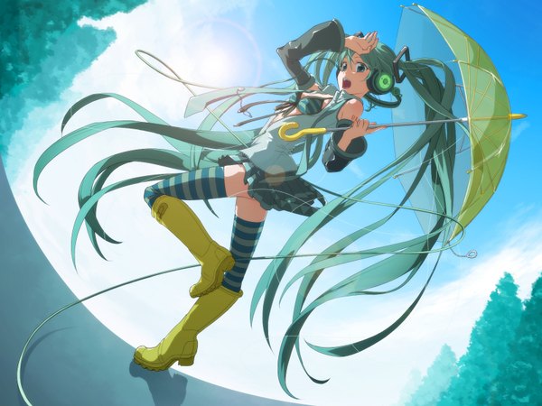Anime picture 1600x1200 with vocaloid hatsune miku long hair open mouth twintails green eyes very long hair green hair girl thighhighs miniskirt boots headphones umbrella striped thighhighs