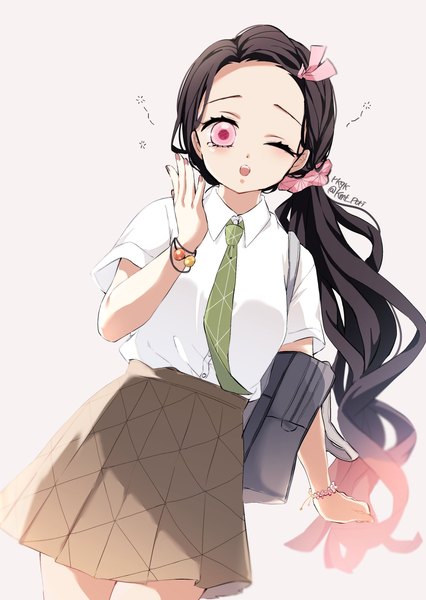 Anime picture 2067x2913 with kimetsu no yaiba ufotable kamado nezuko pori (kmt pori) single long hair tall image highres open mouth black hair simple background brown hair standing white background signed one eye closed pink eyes multicolored hair wink two-tone hair