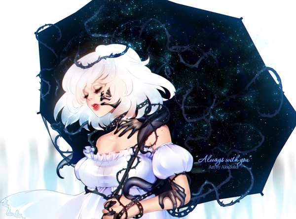 Anime picture 800x593 with original akubaka single short hair bare shoulders signed upper body white hair eyes closed puffy sleeves lipstick underboob red lipstick hand on cheek hand on another's face girl dress detached sleeves white dress umbrella