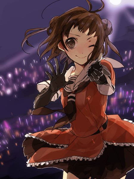 Anime picture 600x800 with kantai collection naka light cruiser hita (hitapita) single tall image looking at viewer fringe short hair smile brown hair brown eyes ahoge one eye closed wink hair bun (hair buns) outstretched arm pointing girl gloves uniform