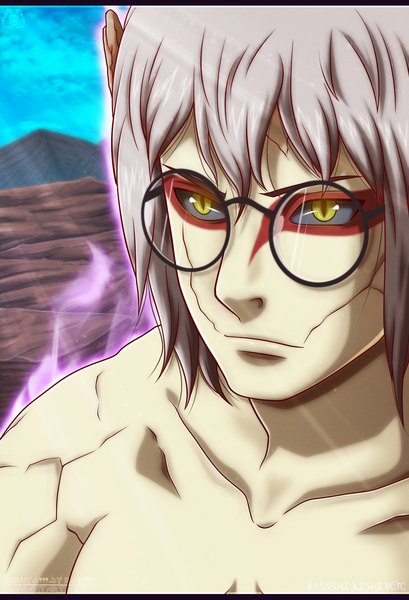 Anime picture 1100x1615 with naruto studio pierrot naruto (series) yakushi kabuto naruto999-by-roker single tall image short hair yellow eyes sky cloud (clouds) grey hair sunlight coloring magic close-up mountain face boy glasses