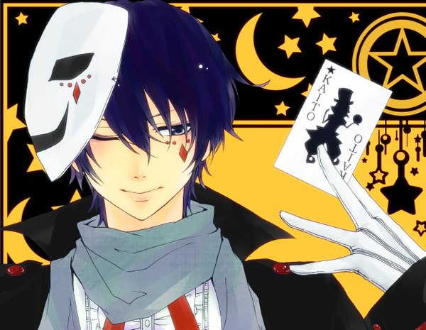 Anime picture 1247x967 with vocaloid crazy clown (vocaloid) kaito (vocaloid) izaya sizuo love single short hair purple hair one eye closed light smile wink facial mark crescent mask on head face paint boy gloves choker scarf star (symbol) mask