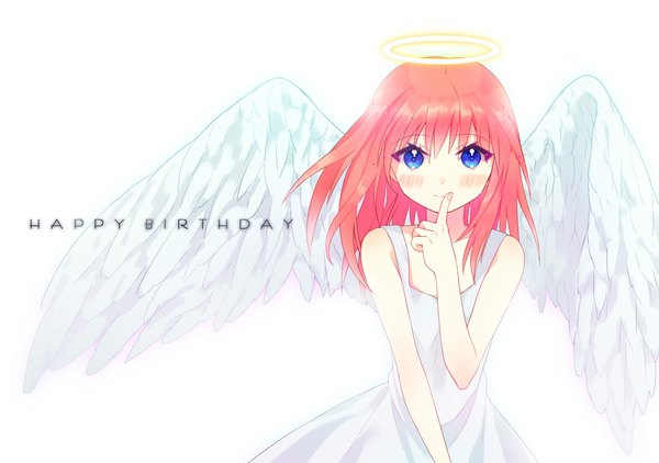 Anime picture 1100x775 with gintama sunrise (studio) kagura (gintama) hym9594 single long hair looking at viewer fringe blue eyes simple background white background pink hair inscription finger to mouth angel wings happy birthday girl dress wings halo