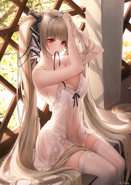 Anime picture 2500x3529 with azur lane formidable (azur lane) ame 816 single tall image blush fringe highres breasts light erotic red eyes large breasts sitting twintails holding signed cleavage blunt bangs very long hair grey hair