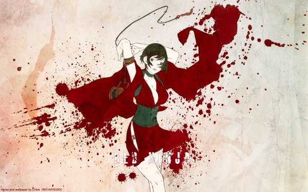 Anime picture 1920x1200 with red ninja warrior single highres short hair black hair wide image green eyes japanese clothes girl kimono collar splashes