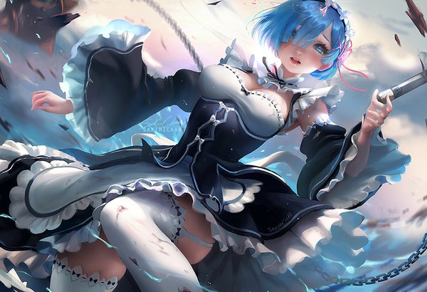 Anime-Bild 900x616 mit re:zero kara hajimeru isekai seikatsu white fox rem (re:zero) sakimichan single tall image looking at viewer blush fringe short hair breasts open mouth blue eyes light erotic large breasts signed blue hair cleavage bent knee (knees) parted lips