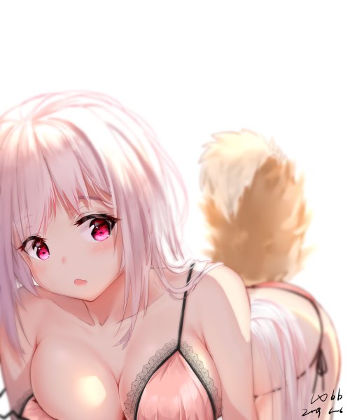 Anime picture 2000x2400 with original hbb single long hair tall image looking at viewer blush fringe highres breasts open mouth light erotic simple background large breasts white background bare shoulders signed cleavage white hair tail
