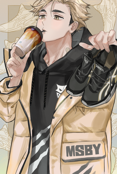 Anime picture 1378x2039 with haikyuu!! production i.g asics miya atsumu keki chogyegi single tall image short hair blonde hair holding brown eyes looking away upper body multicolored hair open jacket two-tone hair shoes removed drinking boy shoes