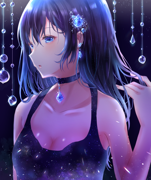 Anime picture 1800x2156 with original ai (sigatutoukaa) single long hair tall image blush fringe highres breasts open mouth blue eyes black hair simple background hair between eyes bare shoulders looking away cleavage upper body :o sleeveless