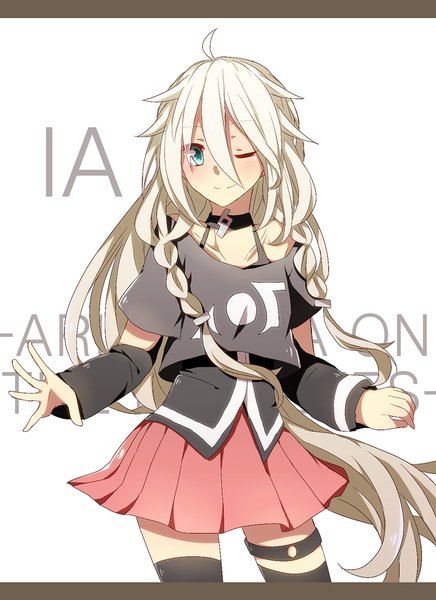 Anime picture 750x1032 with vocaloid ia (vocaloid) harusawa single tall image looking at viewer blush blue eyes smile white background bare shoulders ahoge white hair braid (braids) very long hair one eye closed wink character names twin braids girl
