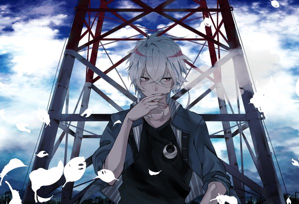 Anime-Bild 3907x2667 mit original yukishima bema single fringe highres short hair hair between eyes red eyes holding looking away absurdres sky silver hair cloud (clouds) upper body mole open jacket mole under eye city smoke