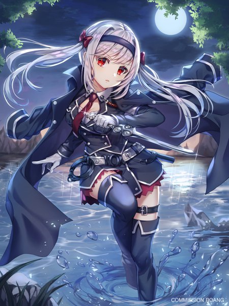 Anime picture 700x933 with original roang single long hair tall image looking at viewer blush fringe breasts open mouth red eyes standing twintails holding signed payot silver hair cloud (clouds) outdoors night