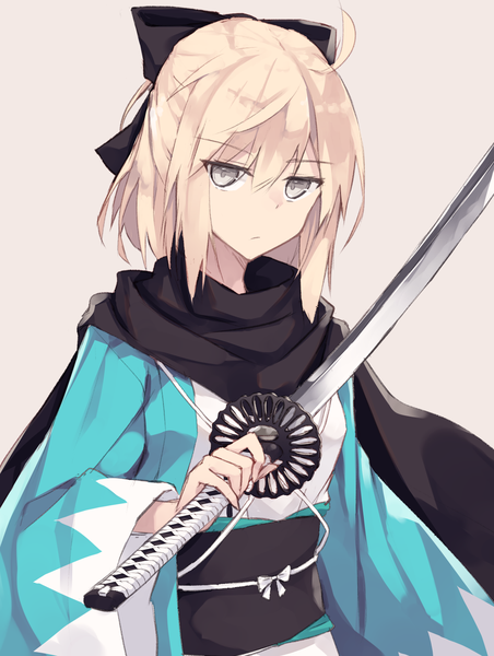 Anime picture 1134x1506 with fate (series) fate/grand order okita souji (fate) (all) okita souji (koha-ace) nagishiro mito single tall image looking at viewer fringe short hair simple background blonde hair hair between eyes holding payot ahoge traditional clothes japanese clothes wide sleeves pink background