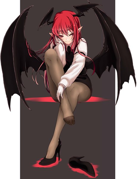 Anime picture 2185x2844 with touhou koakuma haiiro gundan single long hair tall image looking at viewer fringe highres light erotic simple background hair between eyes red eyes sitting red hair long sleeves pointy ears grey background arm support high heels