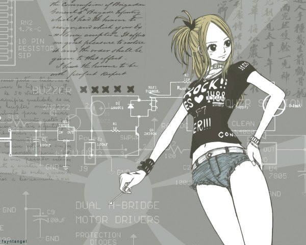 Anime picture 1280x1024 with fairy tail lucy heartfilia single long hair blonde hair standing holding payot looking away light smile black eyes short sleeves hand on hip one side up clothes writing girl navel choker shorts bracelet