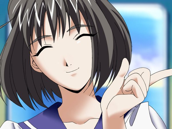 Anime picture 1280x960 with ajimu: kaigan monogatari takemoto suzue single short hair black hair smile eyes closed depth of field close-up screencap redraw girl