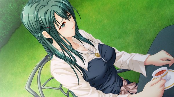 Аниме картинка 1024x576 с eve to iu na no omocha gotou beniko один (одна) длинные волосы широкое изображение зелёные глаза game cg зелёные волосы девушка чай