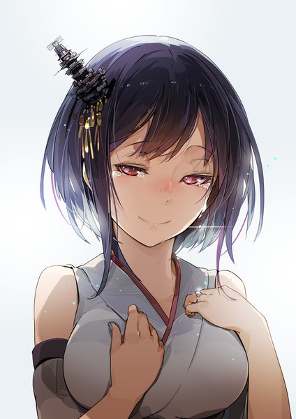 Anime picture 1240x1754 with kantai collection yamashiro battleship manabi (artist) single tall image looking at viewer short hair black hair simple background smile red eyes white background traditional clothes japanese clothes tears crying girl hair ornament
