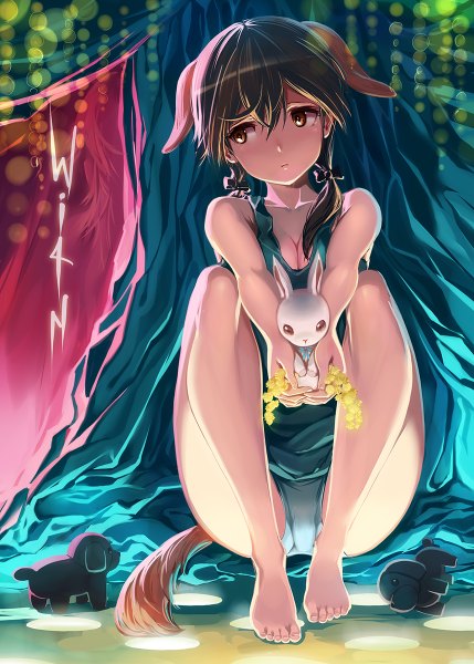 Anime picture 858x1200 with strike witches gertrud barkhorn michairu single long hair tall image highres breasts light erotic brown hair sitting twintails bare shoulders brown eyes animal ears looking away tail animal tail barefoot dog ears