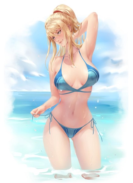 Anime picture 1920x2640 with metroid samus aran chubymi single long hair tall image blush fringe highres breasts blue eyes light erotic blonde hair smile hair between eyes large breasts standing payot looking away sky