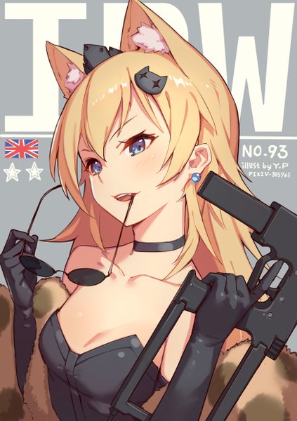 Anime picture 874x1240 with girls frontline idw (girls frontline) yellowpaint. single long hair tall image looking at viewer blush fringe breasts open mouth blue eyes blonde hair simple background hair between eyes bare shoulders holding signed animal ears payot
