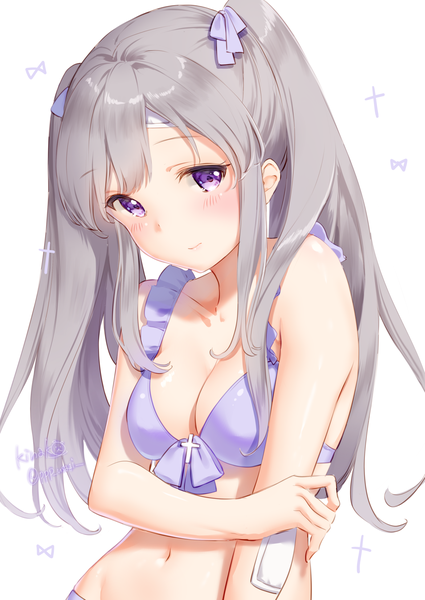 Anime picture 1379x1948 with idolmaster idolmaster shiny colors yuukoku kiriko kinako (shiratama mochi) single long hair tall image looking at viewer blush fringe breasts light erotic simple background large breasts standing white background twintails purple eyes payot cleavage