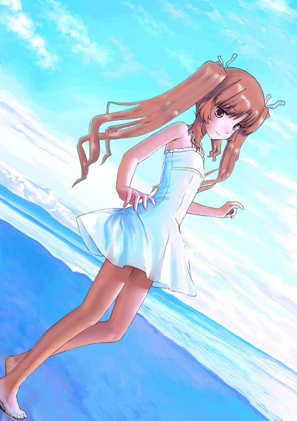 Anime picture 1200x1697 with ano natsu de matteru j.c. staff yamano remon mocha (snowflake) single tall image looking at viewer blush light erotic brown hair twintails bare shoulders brown eyes sky cloud (clouds) bent knee (knees) barefoot light smile bare legs sleeveless
