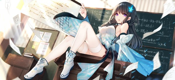 Anime picture 2340x1080 with witch's weapon bison cangshu single long hair looking at viewer fringe highres breasts open mouth light erotic black hair wide image purple eyes holding full body indoors wind sunlight wide sleeves math