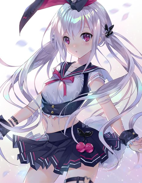 Anime picture 1167x1500 with virtual youtuber rugo single long hair tall image looking at viewer blush fringe open mouth simple background hair between eyes red eyes standing twintails payot silver hair inscription :o underbust girl