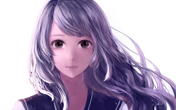 Anime picture 1017x636 with original bounin single long hair looking at viewer fringe simple background white background purple eyes purple hair lips wavy hair close-up girl