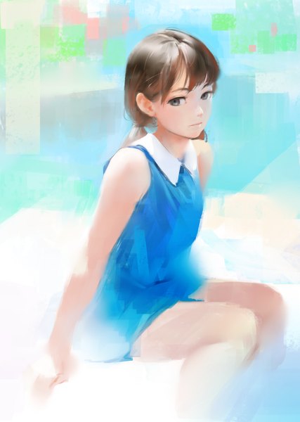 Anime picture 1366x1920 with original arata yokoyama single tall image looking at viewer fringe brown hair sitting black eyes arm support sleeveless light girl dress