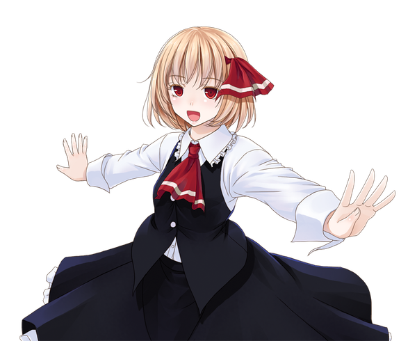 Anime picture 918x750 with touhou rumia crote single looking at viewer fringe short hair open mouth blonde hair red eyes upper body long sleeves spread arms transparent background girl dress skirt shirt necktie white shirt