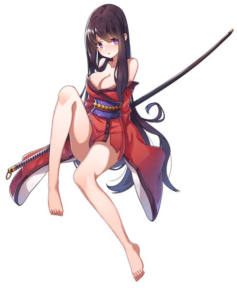 Anime picture 3787x4637 with original de da xianyu single long hair tall image highres breasts light erotic black hair simple background white background purple eyes bare shoulders absurdres full body bent knee (knees) barefoot bare legs girl weapon