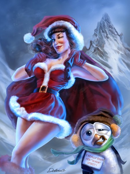 Anime-Bild 1125x1500 mit cris delara single long hair tall image looking at viewer blue eyes smile brown hair one eye closed wink fur trim christmas merry christmas girl gloves hat animal bird (birds) fur santa claus hat