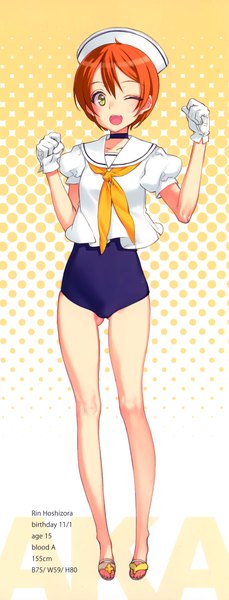 Anime picture 1550x4055 with love live! school idol project sunrise (studio) love live! hoshizora rin oyari ashito single tall image short hair open mouth light erotic yellow eyes full body one eye closed wink scan orange hair girl gloves swimsuit sailor suit