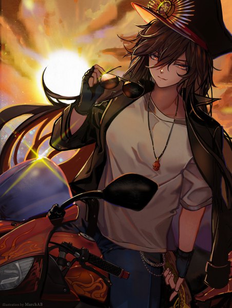 Anime picture 628x834 with fate (series) fate/grand order oda nobunaga (fate) (all) oda nobunaga (fate) marchab 66 single long hair tall image looking at viewer fringe hair between eyes red eyes brown hair standing sitting holding signed sky cloud (clouds) outdoors