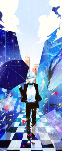 Anime picture 491x1200 with original zxs1103 single tall image short hair blue hair sky cloud (clouds) pink eyes rain checkered floor starry sky print boy belt bowtie building (buildings) umbrella eyepatch suit fish (fishes)