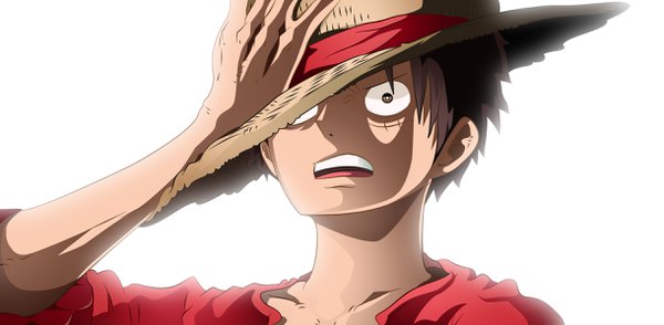 Anime picture 2440x1196 with one piece toei animation monkey d. luffy choparini single highres short hair open mouth black hair simple background wide image white background holding brown eyes teeth shadow scar shaded face hand on head angry