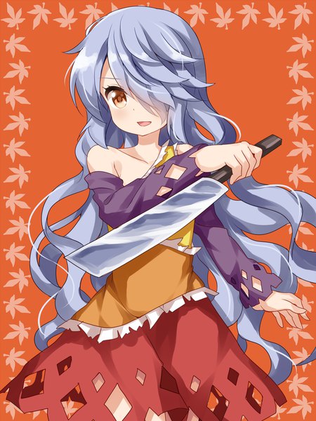 Anime picture 1000x1333 with touhou sakata nemuno ruu (tksymkw) single long hair tall image looking at viewer blush fringe open mouth simple background smile standing holding blue hair hair over one eye orange eyes orange background girl skirt